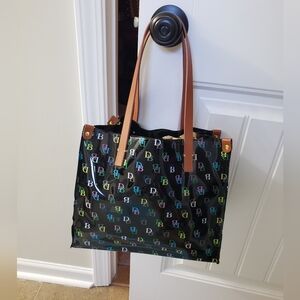 Dooney & Bourke Black Multicolor Vinyl Logo Lunch Tote Bag Purse Medium Size